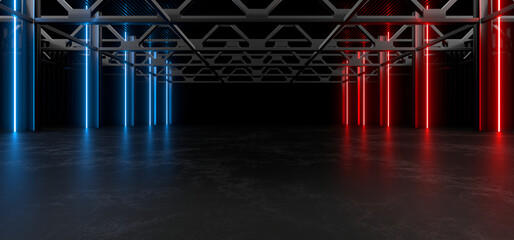 Sci Fy neon lamps in a dark hall. Reflections on the floor and walls. 3d rendering image.