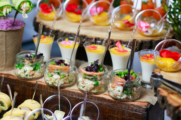 Delicious snacks at the banquet. Catering on banquet.