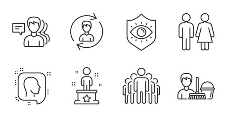 Human resources, Restroom and Group line icons set. Cleaning service, Success and People signs. Head, Eye protection symbols. Update profile, Wc toilet, Managers. People set. Vector