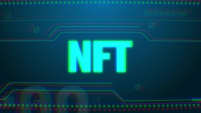 NFT Digital Animation of Non Fungible Token Neon Symbol. Crypto Art concept , digital artwork asset sold with blockchain technology in 2021 using ethereum cryptocurrency on blue background in 4k.