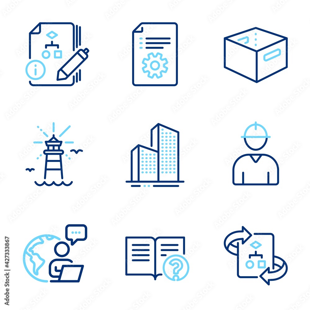 Poster industrial icons set. included icon as engineer, algorithm, technical algorithm signs. office box, s