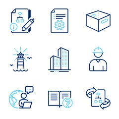 Industrial icons set. Included icon as Engineer, Algorithm, Technical algorithm signs. Office box, Skyscraper buildings, Technical documentation symbols. Help, Lighthouse line icons. Vector