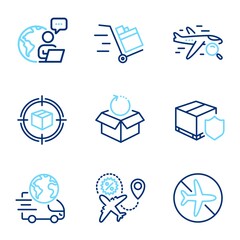 Transportation icons set. Included icon as Search flight, Push cart, Flight mode signs. Return package, Parcel tracking, Delivery service symbols. Delivery insurance line icons. Line icons set. Vector