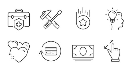 Fototapeta premium Touchscreen gesture, Idea and Cash money line icons set. Loyalty star, Heart and Hammer tool signs. Refund commission, Medical insurance symbols. Zoom in, Professional job, Banking currency. Vector