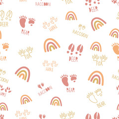 Vector earth tones forest animals tracks boho rainbows seamless pattern background. Perfect for fabric, wallpaper, scrapbooking, stationery, invitation projects.
