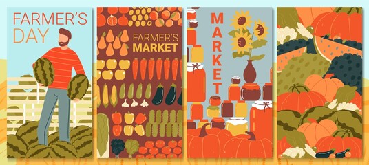 Organic food, farmer banner set, harvest natural poster, fresh agriculture pumpkin, design, in cartoon style vector illustration.