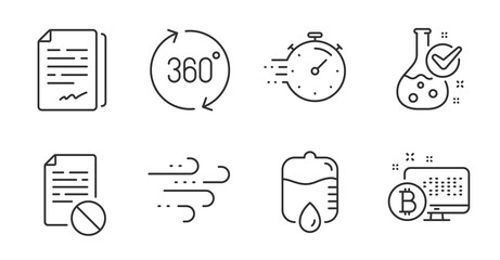 Drop counter, 360 degrees and Wrong file line icons set. Chemistry lab, Timer and Bitcoin system signs. Windy weather, Document signature symbols. Quality line icons. Drop counter badge. Vector