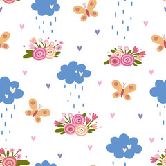 Seamless pattern with flowers, clouds, butterflies and hearts on a white background.