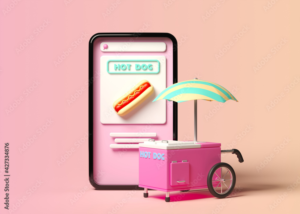 Poster minimal background for online shopping and digital marketing concept. mobile phone with food deliver