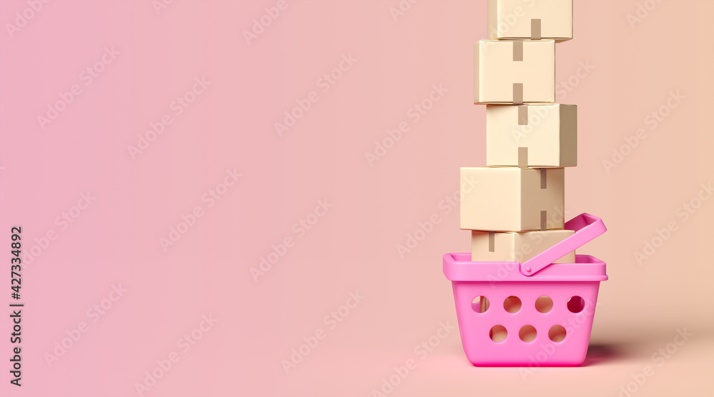Poster minimal background for online shopping and digital marketing concept. stack of cardboard box with pi