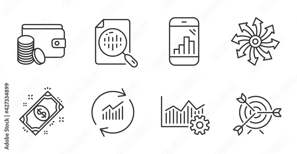 Aufkleber target, update data and payment method line icons set. graph phone, operational excellence and payme