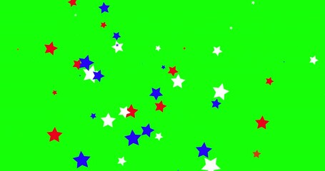 Animation moving red, white, blue confetti stars flying on chroma-key background. Flying stars in colors of USA flag on green screen background. American Independence Day, President Day, Memorial Day - Powered by Adobe