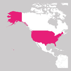 Map of United States of America, USA, pink highlighted with neighbor countries