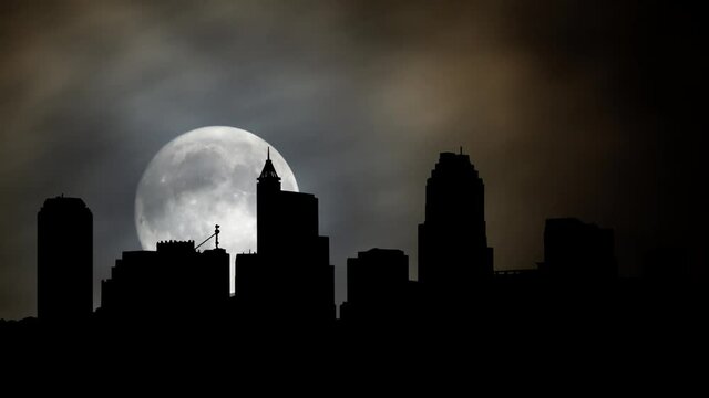 Downtown Raleigh, Time Lapse by Night with Big Full Moon, North Carolina, USA