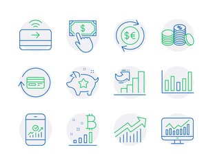 Finance icons set. Included icon as Money currency, Column chart, Loyalty points signs. Contactless payment, Banking money, Bitcoin graph symbols. Growth chart, Payment click, Demand curve. Vector