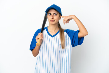 Young caucasian woman playing baseball isolated on white background having doubts and thinking