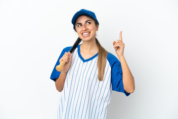 Young caucasian woman playing baseball isolated on white background pointing up a great idea