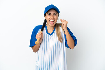 Young caucasian woman playing baseball isolated on white background celebrating a victory in winner position