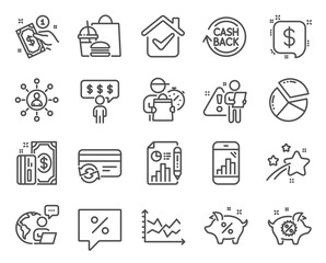 Finance icons set. Included icon as Diagram chart, Employee benefits, Payment method signs. Payment, Networking, Loan percent symbols. Piggy sale, Report document, Pie chart. Cashback. Vector