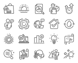 Fototapeta premium Science icons set. Included icon as Energy, Seo gear, Target path signs. Time management, Analytics graph, Sunset symbols. Customer survey, Online chemistry, Cold-pressed oil. Gear. Vector