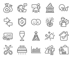 Business icons set. Included icon as Loyalty points, Like, Christmas tree signs. Synchronize, Beer glass, Scissors symbols. Report statistics, Ice cream, Full rotation. Fireworks. Vector