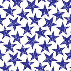 Obraz premium Bright big scratched blue stars isolated on white background. Cute monochrome starry grunge seamless pattern. Vector simple flat graphic hand drawn illustration. Texture.