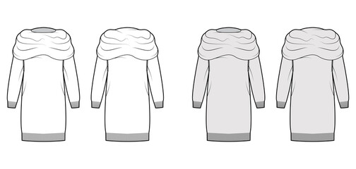 Chunky Sweater dress technical fashion illustration with Exaggerated turtleneck, long sleeves, oversized, knit rib trim. Flat apparel front, back, white grey color style. Women, men unisex CAD mockup