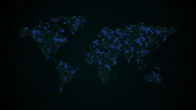Blue Futuristic Digital Global World Map countries data with led light dots that represent information, population , covid infection cases, communication, sales or internet. In black 4k background.