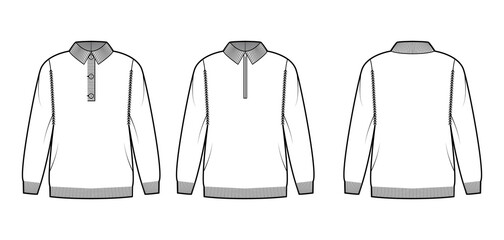 Naklejka premium Set of Polo Zip-up Sweaters technical fashion illustration with rib henley neck, classic collar, long sleeves, oversized, knit trim. Flat apparel front, back, white color. Women, men unisex CAD mockup