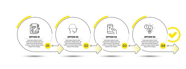Swipe up, Face scanning and Copywriting line icons set. Timeline process infograph. Time management sign. Scrolling screen, Faces detection, Copyright signature. Idea lightbulb. Science set. Vector