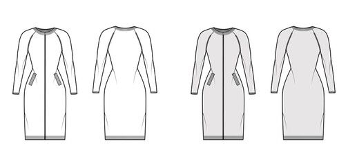 Zip-up dress cardigan Sweater technical fashion illustration with rib crew neck, long raglan sleeves, fitted body, knit trim, pockets. Flat front, back, white grey color. Women men unisex CAD mockup