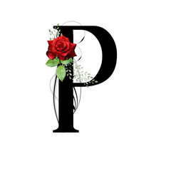 Floral monogram, letter P - decorated with red rose and watercolor leaves