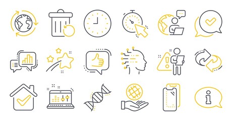 Set of Technology icons, such as Timer, Graph chart, Smartphone glass symbols. Like, Sound check, Approved signs. Chemistry dna, Refresh, Recovery trash. Safe planet, Clock, Outsourcing. Vector