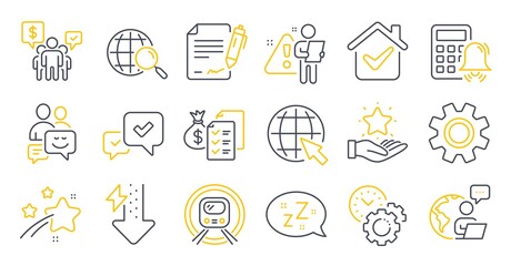 Set of Technology icons, such as Approve, Time management, Accounting wealth symbols. Signing document, Energy drops, Calculator alarm signs. Service, Internet, Sleep. Teamwork, Web search. Vector