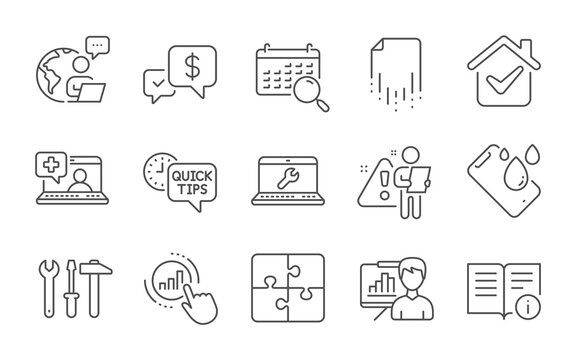 Recovery file, Medical help and Technical info line icons set. Graph chart, Puzzle and Smartphone waterproof signs. Spanner tool, Quick tips and Laptop repair symbols. Line icons set. Vector