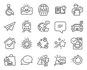 Technology icons set. Included icon as Online shopping, Paper plane, Washing machine signs. Text message, Parking, Product knowledge symbols. Fast recovery, Teamwork, Train. Dots message. Vector