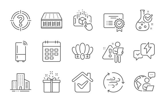 Special offer, Buildings and Calendar line icons set. Crown, Refrigerator and Wind energy signs. Certificate, Lightning bolt and Augmented reality symbols. Line icons set. Vector