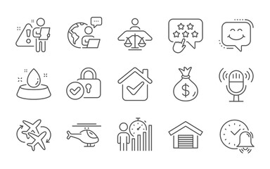 Parking garage, Verified locker and Microphone line icons set. Alarm bell, Helicopter and Smile chat signs. Money bag, Court judge and Connecting flight symbols. Line icons set. Vector