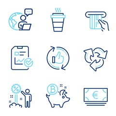 Fototapeta na wymiar Business icons set. Included icon as Takeaway, Recycle, Euro currency signs. Discount, Report checklist, Bitcoin coin symbols. Refresh like, Credit card line icons. Line icons set. Vector