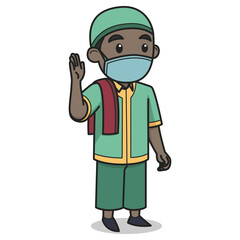 African Muslim Boy Character Wearing Face Mask and Caps. Vector Illustration. Children Book Illustration.