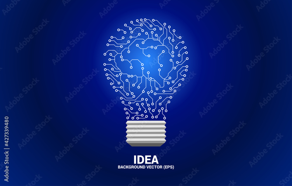 Poster Vector light bulb from dot connect line circuit board with brain inside. Concept of business plan and creative idea.