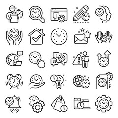 Fototapeta premium Time management line icons. Alarm clock, timer plan and project deadline signs. Countdown clock, time log and appointment reminder icons. People work, watch and office timer. Line icon set. Vector