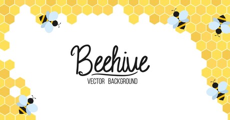 Beehive flat style vector background. Cartoon illustration with beehive cells and flying bees isolated on white background. Summer colorful design template for banner, poster, greeting card, party etc