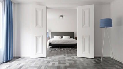 luxury bedroom with wooden floor. Bedroom with blue accents