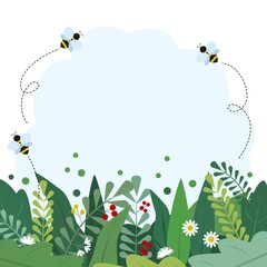 Spring flat background with flowers, leaves and flying bees, Cartoon summer vector illustration for template, banner, flyer, wallpaper, invitation, greeting card or poster. Colorful floral background
