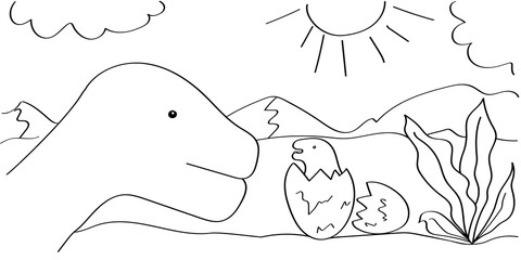 A dinosaur with a baby in its egg. Coloring page for kids. A Diplodocus dinosaur. It can be used for children's creativity and learning. Black outline isolated on a white background. Vector