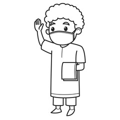 Muslim Boy Character Wearing Face Mask. Vector Illustration. Coloring Book Illustration.