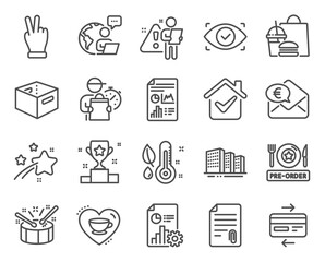 Business icons set. Included icon as Attachment, Drums, Euro money signs. Winner cup, Office box, Credit card symbols. Report document, Report, Buildings. Pre-order food, Victory hand. Vector