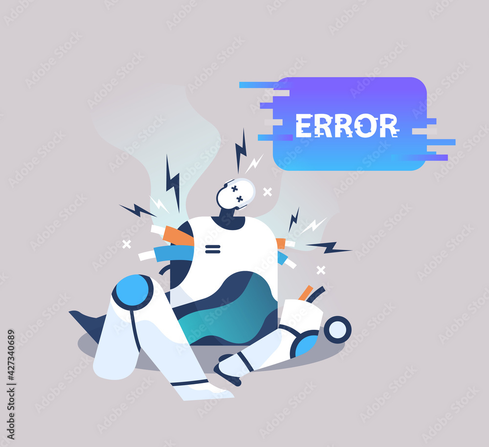 Poster broken robot showing error artificial intelligence failures overloaded concept full length
