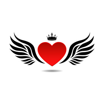 Creative illustration heart with wings and crown on white background